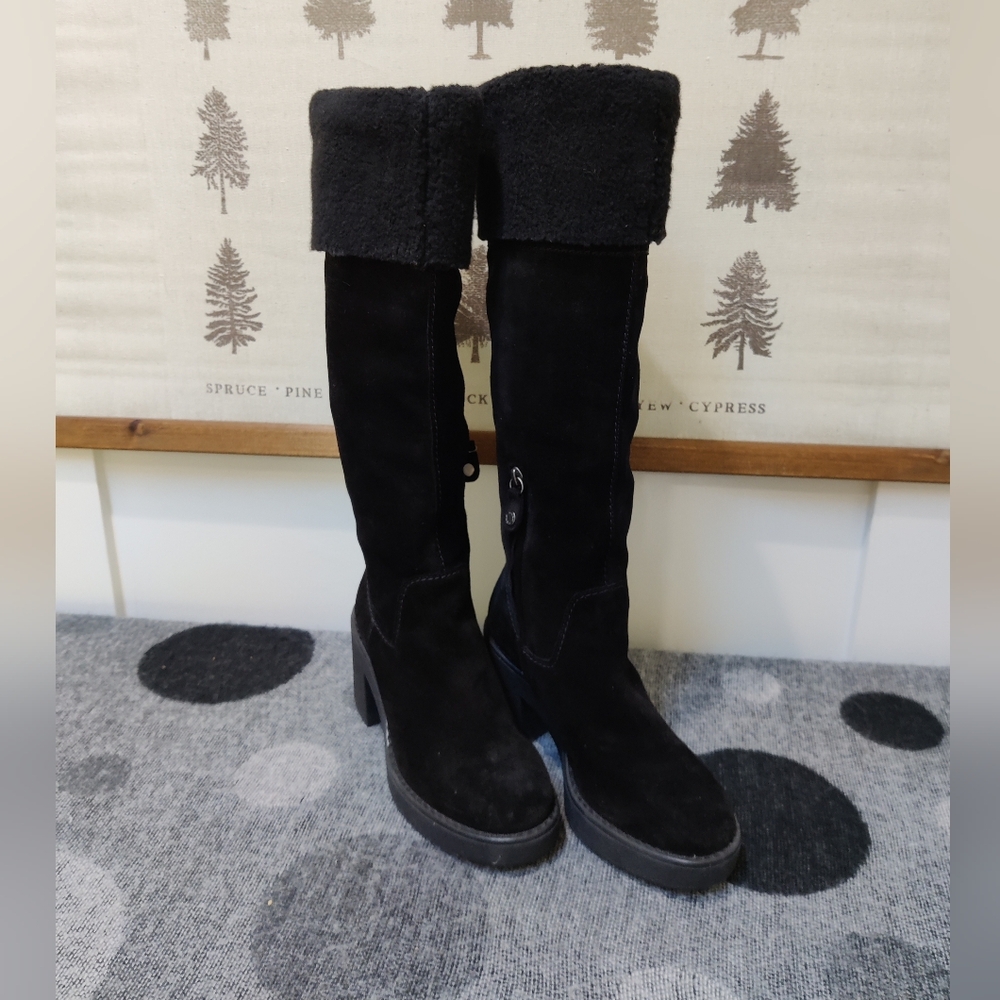 GEOX Black Suede Shearling-Cuff Knee-High Boots Sz 37